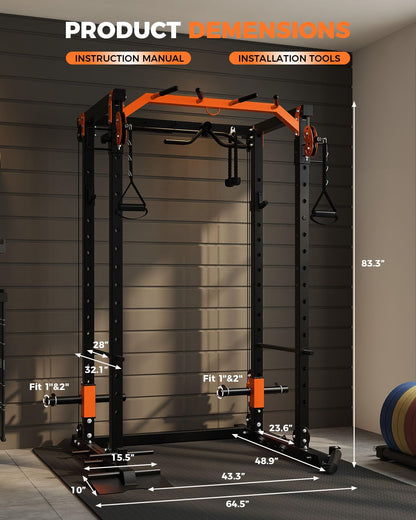 Power Cage for Home Gym, 2000LBS Power Rack with Cable Crossover and Dual Independent Pulley System, Squat Rack with LAT Pull Down System, Workout Cage for for Full Body Training