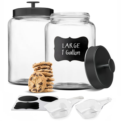 KooK Glass Storage Containers with Lids, Glass Jar with Lid, 1 Gallon, Set of 2, Glass Canister, Storage, Laundry, Kitchen Jar, (Circular, Black)