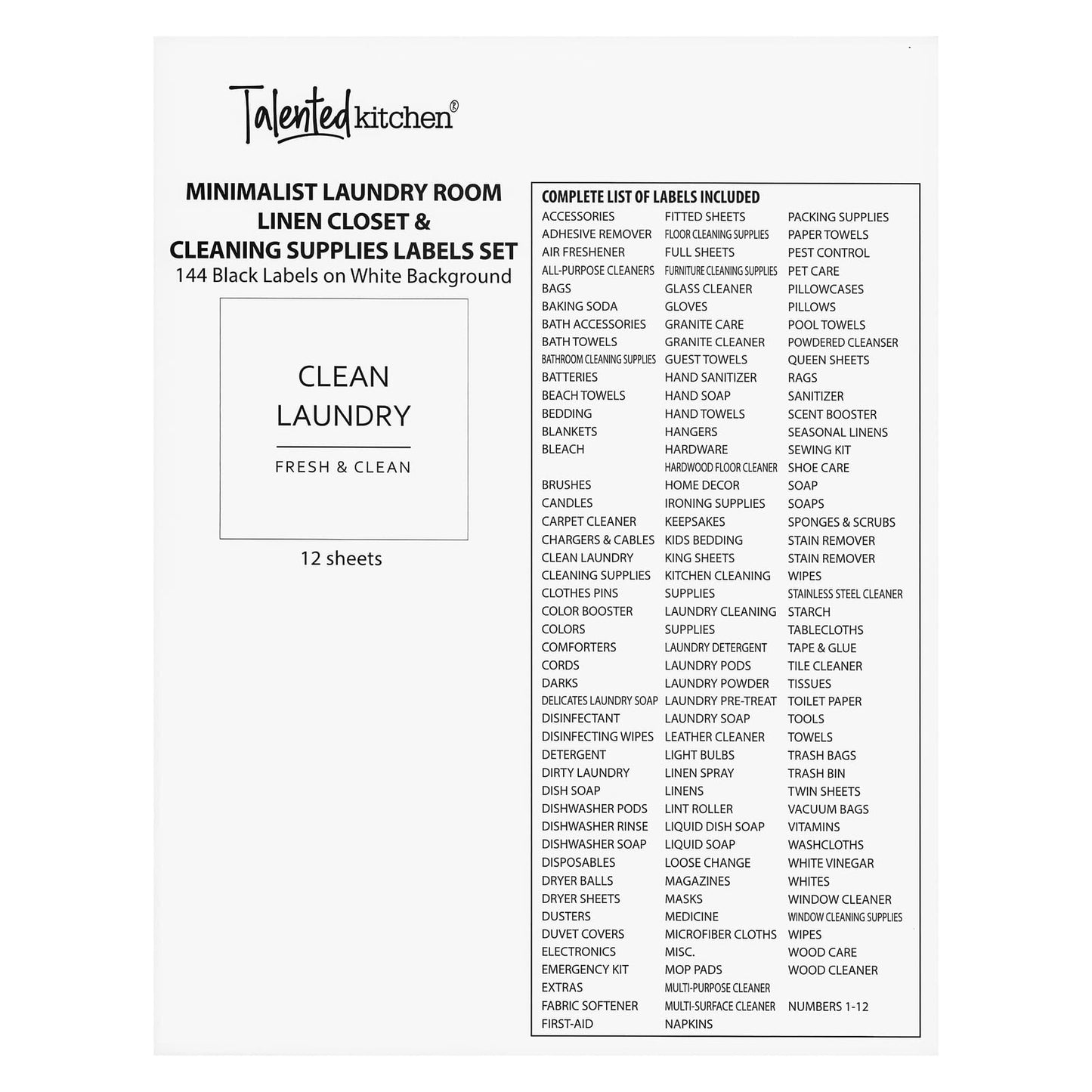 Talented Kitchen 144 Minimalist Laundry Room Labels - 2.5" x 2.5", Black on White Matte Vinyl - Organize Glass Jars & Spray Bottles, Water-Resistant Labels for Laundry Room Organization