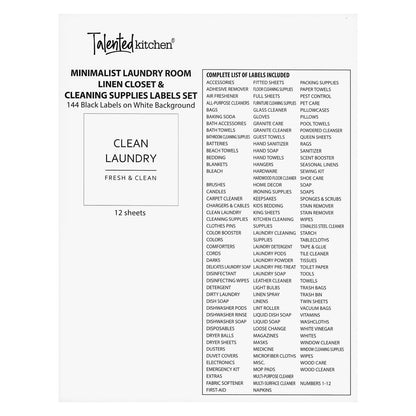Talented Kitchen 144 Minimalist Laundry Room Labels - 2.5" x 2.5", Black on White Matte Vinyl - Organize Glass Jars & Spray Bottles, Water-Resistant Labels for Laundry Room Organization
