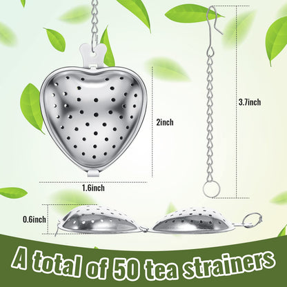 Sumind 50 Pcs Stainless Steel Tea Strainer Ball Infuser Loose Leaf Steeper Interval Diffuser Heart Shape Mesh Filters with Extended Chain Hook for tea party Seasonings Cup Bottle(Silver)