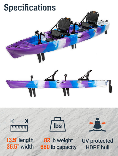 Upgraded Brooklyn 13.5 Tandem Pedal Kayak by BKC, 2 Person Sit-On-Top Pedal Drive Kayak, 680 lb Capacity, Dual Flipper Pedals, Rudder Steering, for Fishing & Touring (Storm Surge)