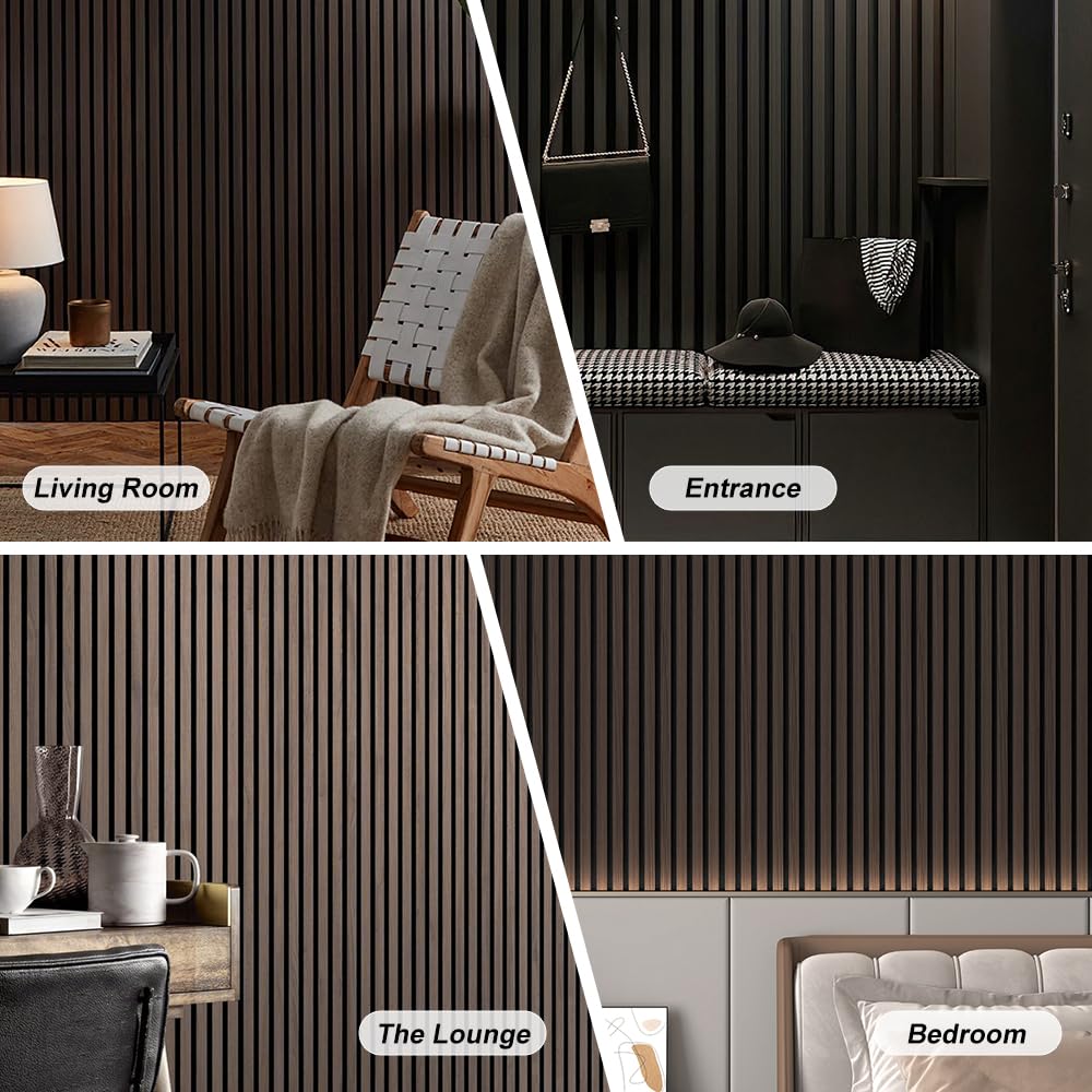 NovaGrid Board 4PCS Acoustic Wood Slat Wall Panels for Wall Decor and Ceiling 3D Fluted Sound Absorbing Panel Soundproof with Wood Finish 108"×6" (Walnut Brown)