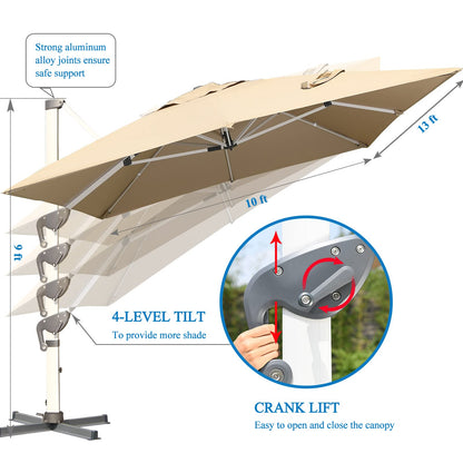 LKINBO 10x13 FT Rectangle Cantilever Umbrella with Cross Base, Heavy Duty Large Patio Umbrella 360 Degree Rotation Outdoor Offset Umbrella with Easy Tilt & Crank for Pool Deck Backyard, Khaki