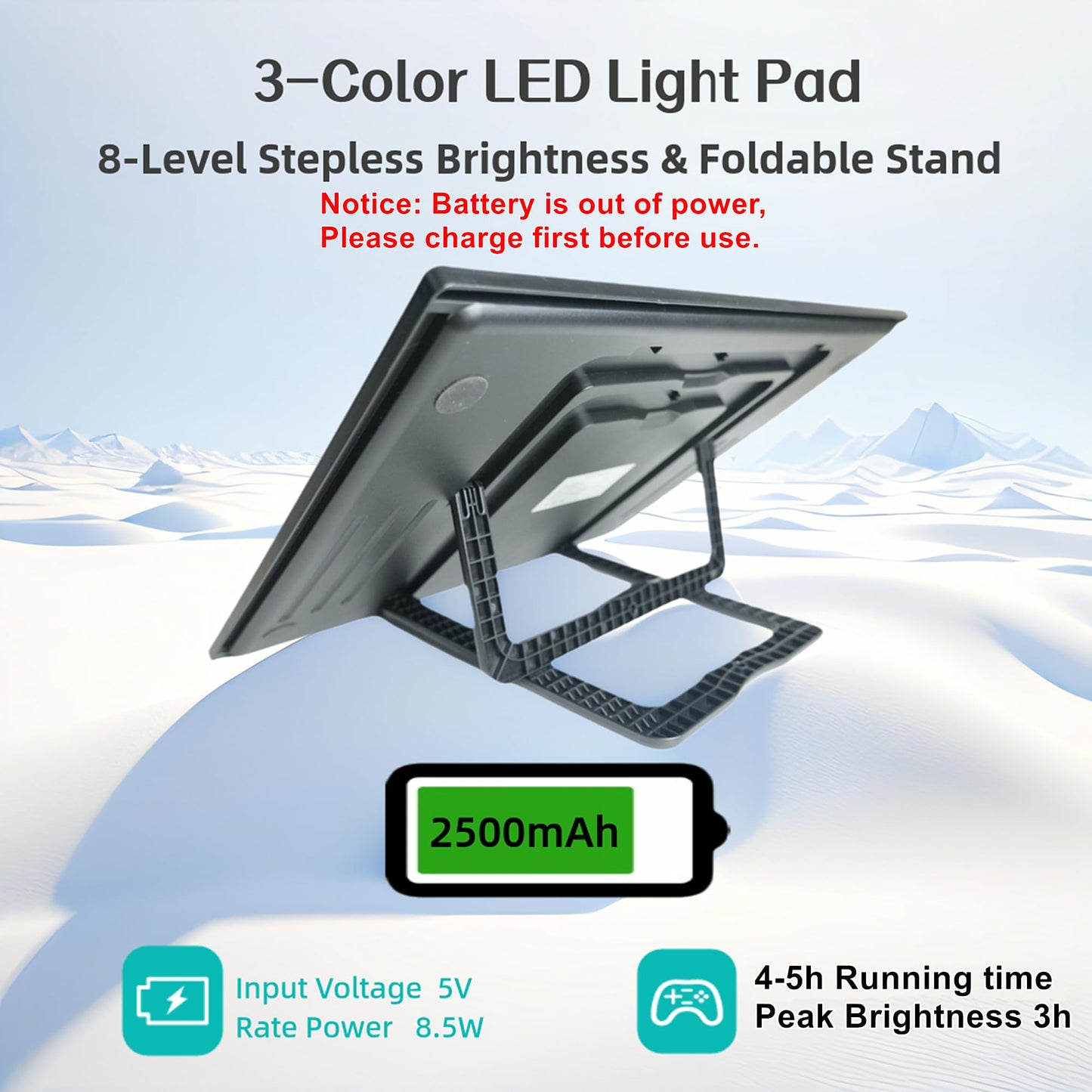 A3 Wireless Rechargeable Tracing Light Pad, 3-Colors & 8-Level Adjustable Brightness, 2500mAh Battery Powered Ultra-Thin Light Board with Foldable Stand for Diamond Art Painting