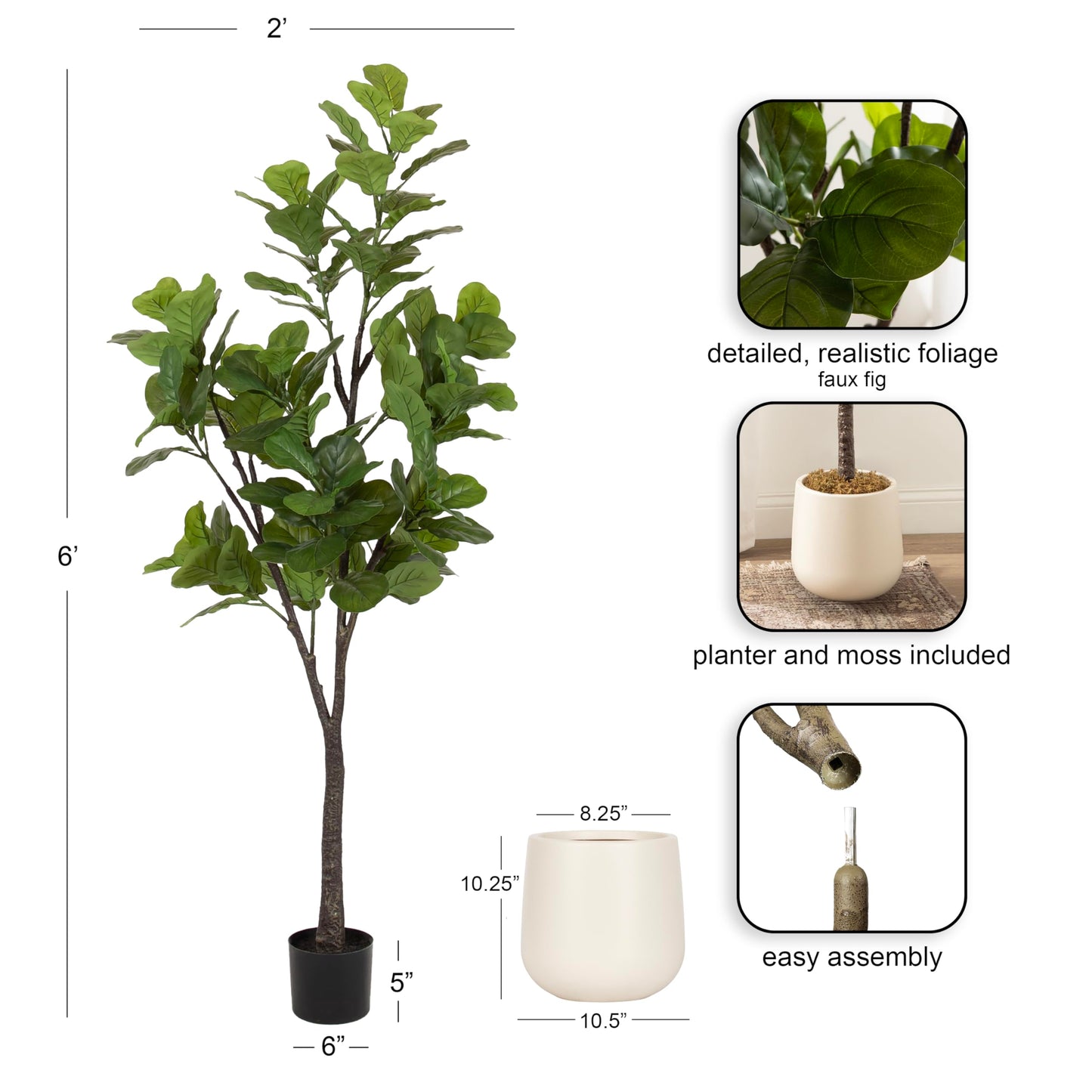 Kate and Laurel Fidmont Faux Fiddle Fig Tree with Jia Curved Planter Pot, 6 FT, Cream, Potted Artificial Tree Indoor with Realistic Foliage and Added Moss, Fake Plant for Living Room Decor