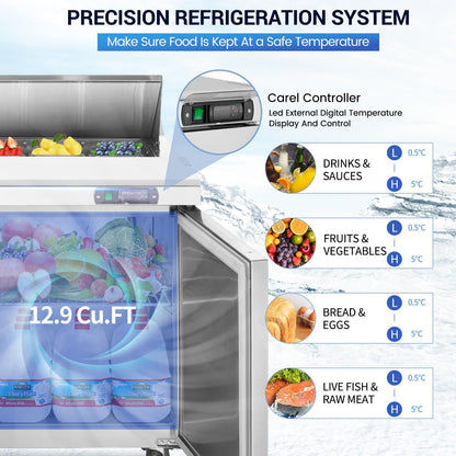kalifon 48" W 2 Door Refrigerator Sandwich Salad Prep Table Commercial Stainless Steel Fan Cooling Refrigerator with Cutting Board, 2 Shelves & 18 Pans for Restaurant, Bar, Shop-12.9 Cu.ft