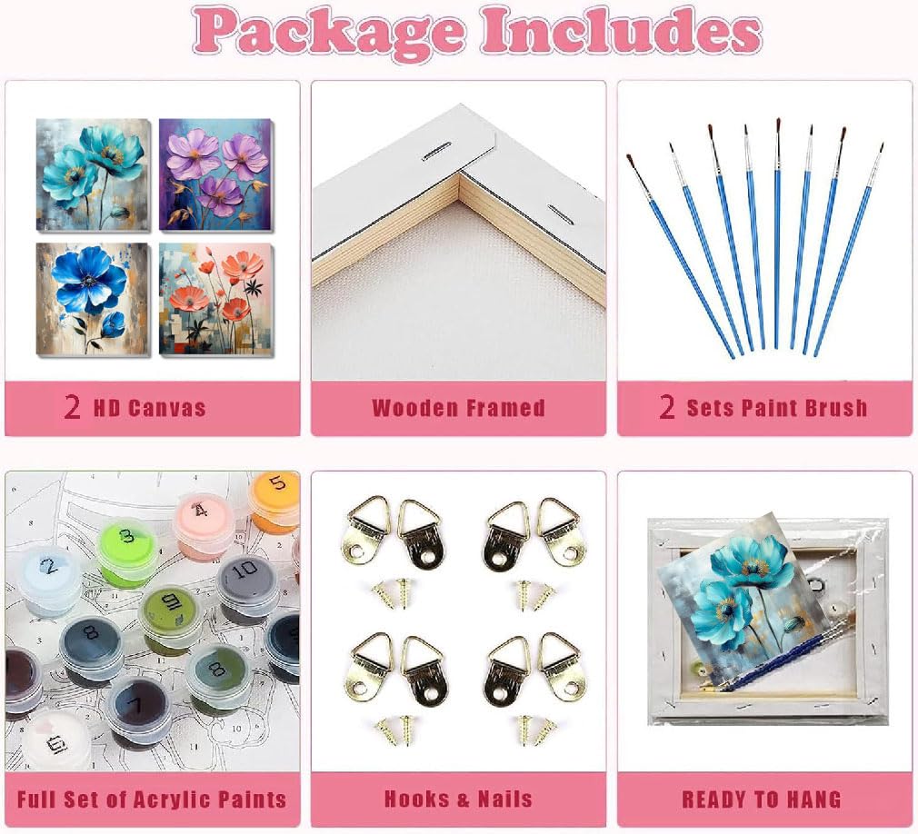 4 Pack Paint by Numbers Kit for Adults Beginners Framed - Flowers Adults Paint by Numbers Kits on Canvas with Paints and Brushes, Flowers Small Oil Paint by Number Kits for Home Decor 8 X 8 Inch