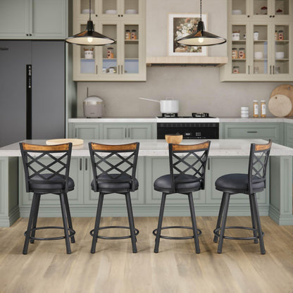 MIITODAY Set of 2 Swivel Bar Stools with Backs, 2-in-1 Adjustable 25"/30" Height, Farmhouse Kitchen Counter Chairs, Heavy Duty Industrial Metal & Black Faux Leather Seat