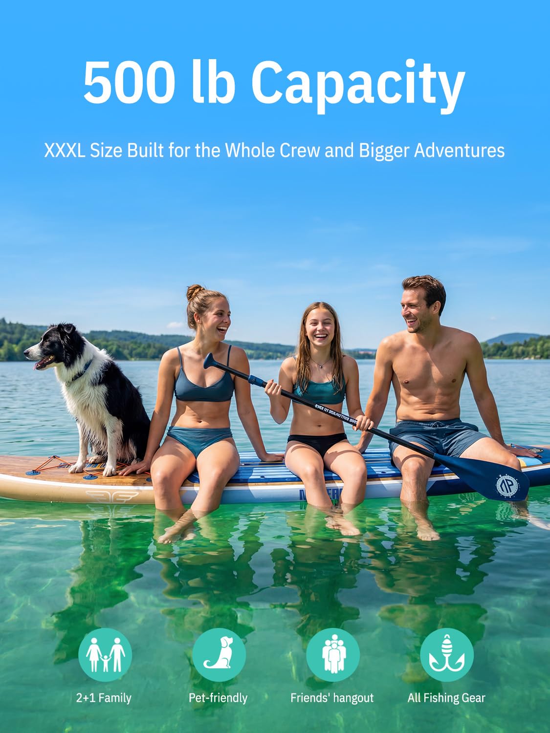 Niphean (Extra Large) Inflatable Paddle Board, SUP for 2+1 People/Family 500lbs Capacity Stand Up Paddle Board with SUP Accessories, StabilTrac Fin Non-Slip Paddleboard for Adults-Woven Wood