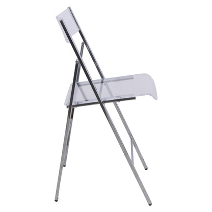 LeisureMod Transparent Acrylic Folding Chair, Lightweight Iron Chrome Base, Comfortable Clear Desk Chair, No Assembly Needed (Set of 2) in Clear