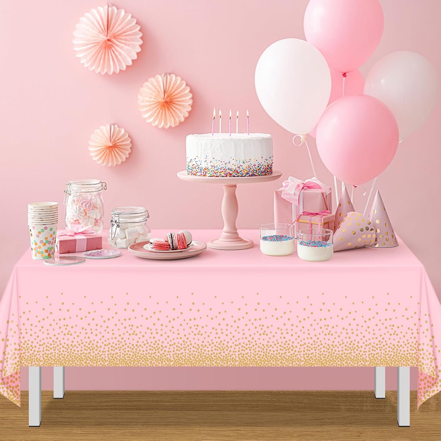 1 Pack 54x108" Pink and Gold Plastic Tablecloth for Parties, Pink Disposable Table Cloth for Rectangle Tables, Gold