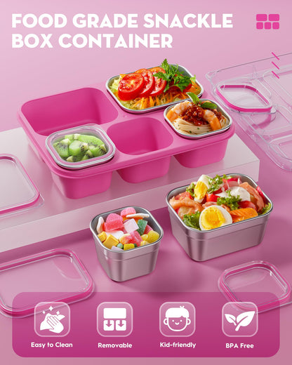 BiuLeon Snackle Box Containers, Stainless Steel 5 Compartments Divided Serving Tray with Lid, Removable LeakProof Portable Bento Box for Fruit Candy Nuts Food - School, Picnic and Travel（Pink）