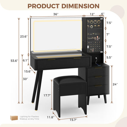 Garvee Vanity Desk with Lighted Mirror, Makeup Vanity with Charging Station, Glass Top Dressing Table with Cushioned Storage Stool for Bedroom, Black