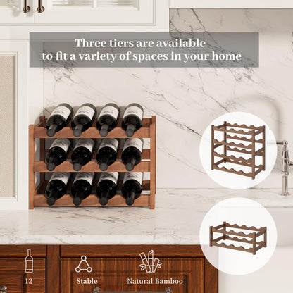 AUGOHCMIL Wine Rack，Bamboo Wine Storage Cabinet Shelf，Countertop Wine Shelf- Freestanding Wine Holder for Kitchen & Pantry (Brown, 3-Tier)
