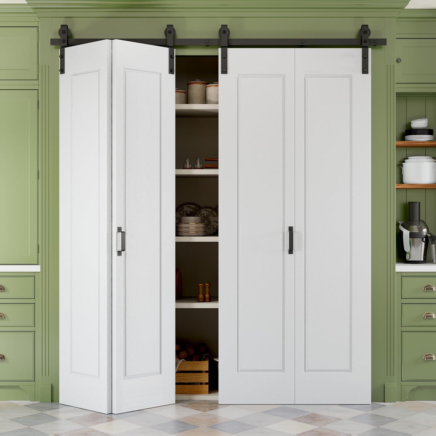 64" x 84" Paintable Bifold Barn Door, No Assembly Required, 1 Panel Bi-Fold Sliding Closet Doors with Hardware Kit Included, 72" Track Kit for 4 Doors, Pre-Drilled Holes, White