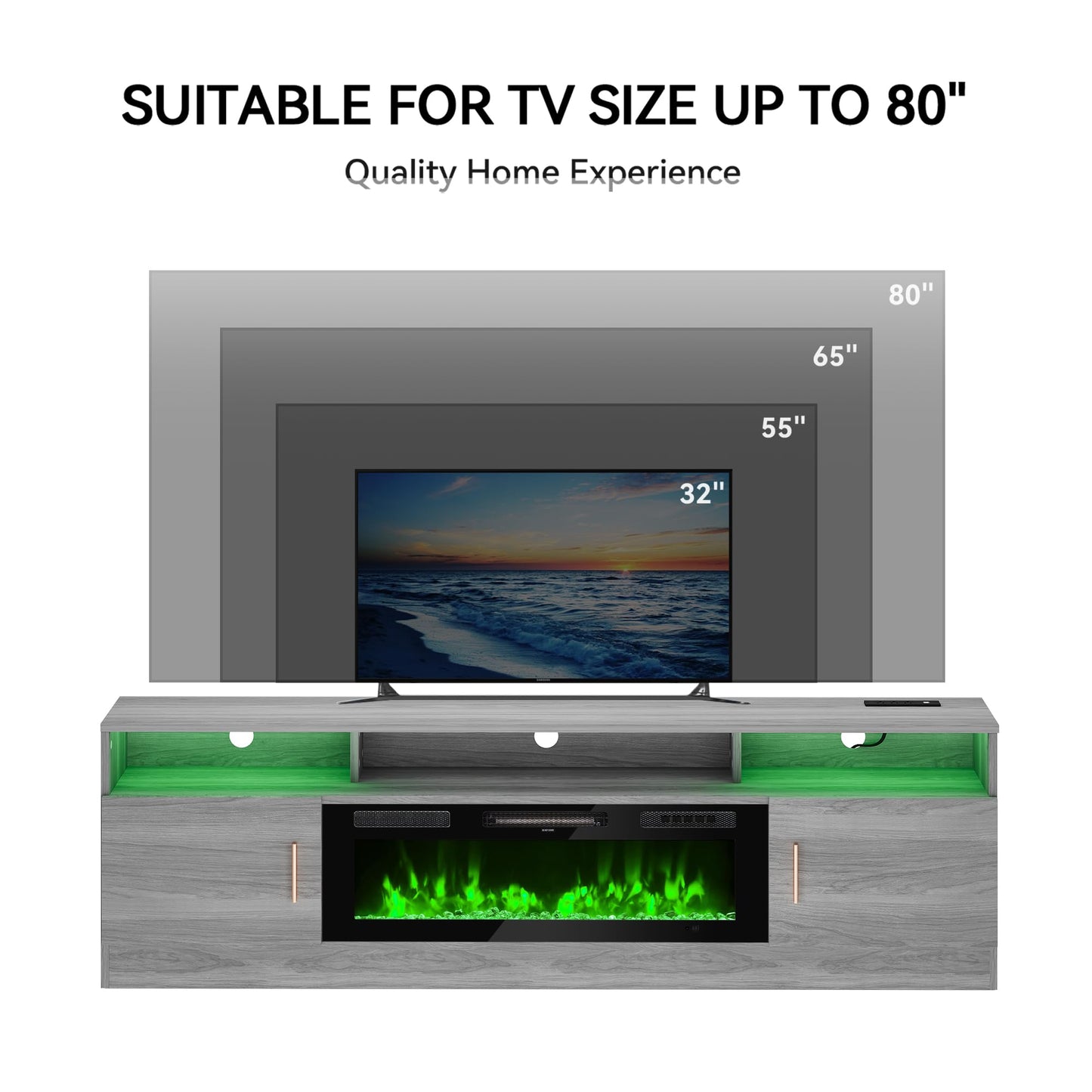MXV 70" Fireplace TV Stand with Power Outlet for TVs UP to 80", Electric Fireplace Entertainment Center with LED Lights & Storage Cabinets, TV Console for Living Room, Office, Grey-Black