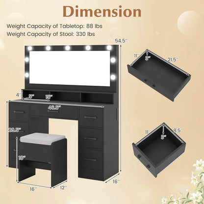CHARMAID Vanity Desk with Mirror and Lights, Charging Station & Storage Stool, Makeup Vanity Table with 7 Drawers, 3 Open Cubbies, 46.5" Large Modern Dressing Table with Chair for Bedroom, Black