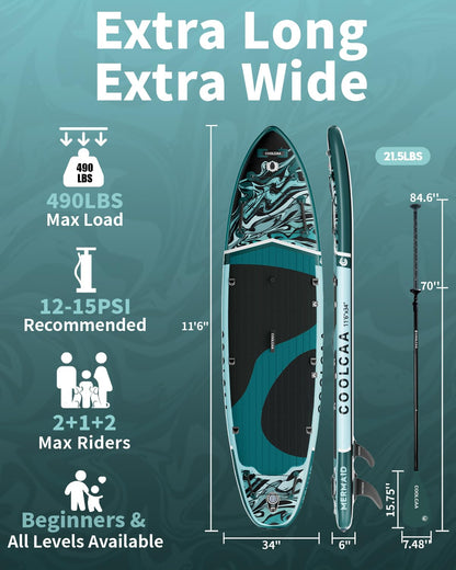 COOLCAA Mermaid 11'6" Inflatable Stand-Up Paddle Board, 490Lbs Capacity SUP Board with 34'' Extra Wide, Fishing Paddleboard with Accessories & Bag for Adults Youth (Phantom Stream)