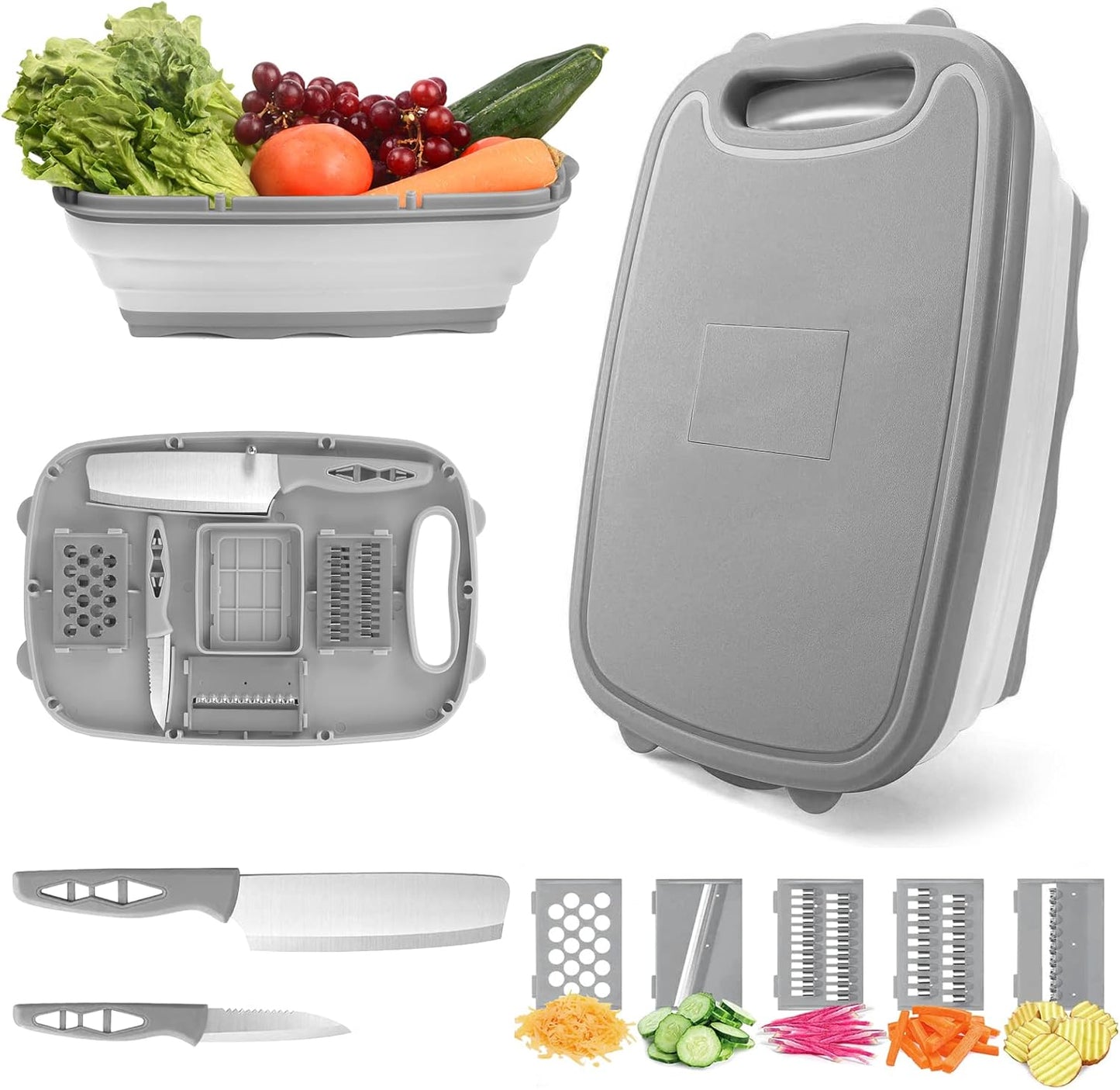HI NINGER Collapsible Cutting Board with Colander, 9-In-1 Multi Chopping Board for Kitchen and Camping Accessories