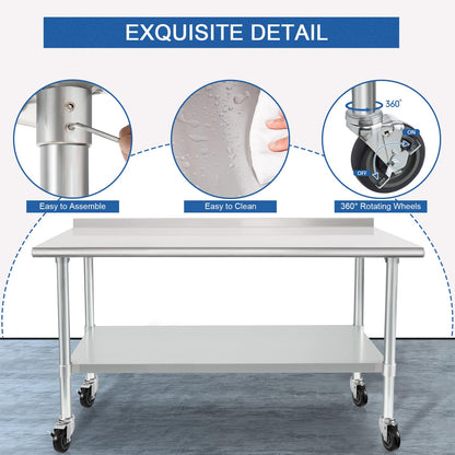 HARDURA Stainless Steel Table 30 x 60 Inches with Wheels Casters NSF Heavy Duty Commercial Prep Table with 2” Backsplash and Adjustable Undershelf for Restaurant Kitchen Home and Hotel
