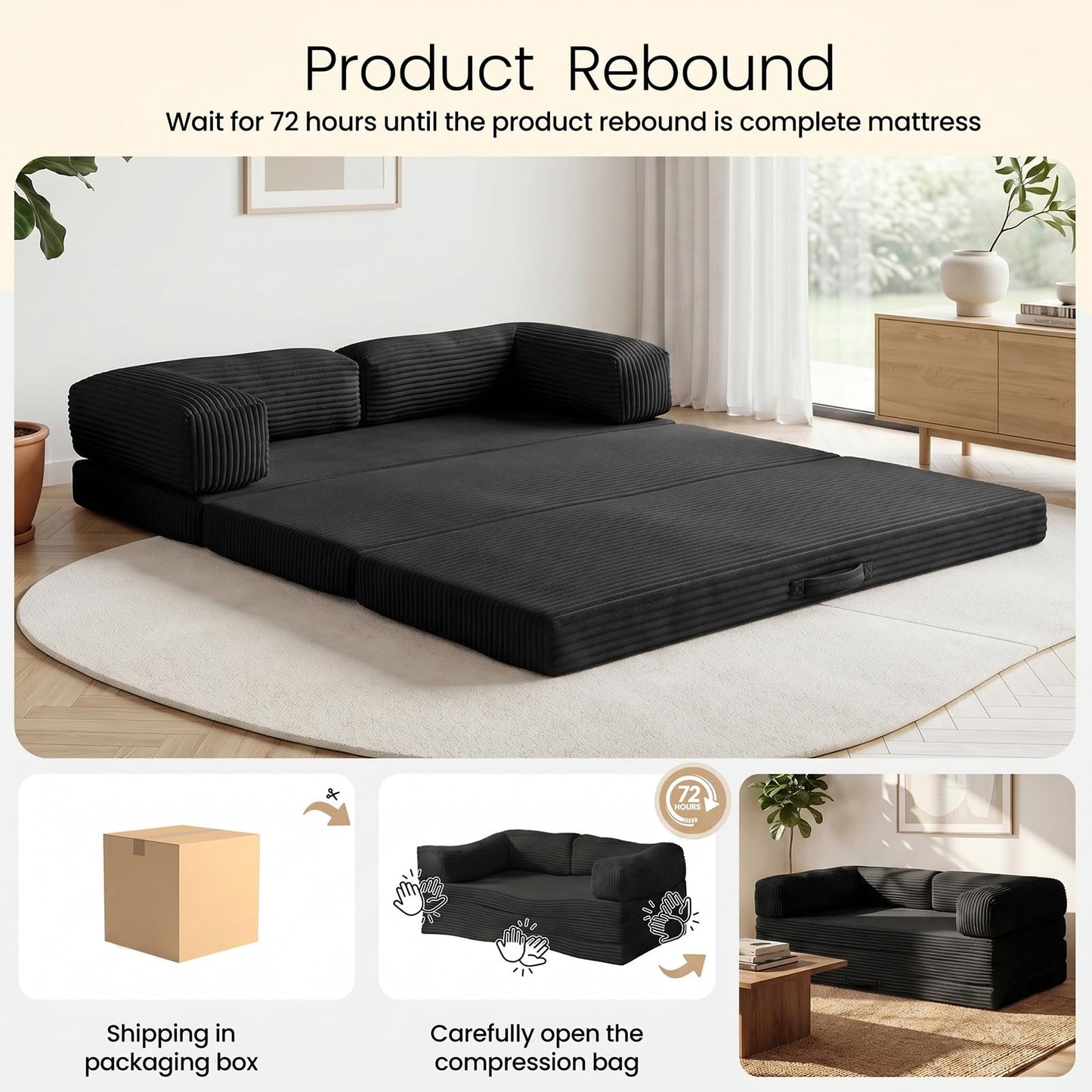 Erament Convertible Sofa Bed, Tri-Folding Mattress Queen Futon Couch Bed, Boneless Sleeper Couch Bed with Removable Armrests & Washable Cover for Guest Room, Living Room, Queen, Black