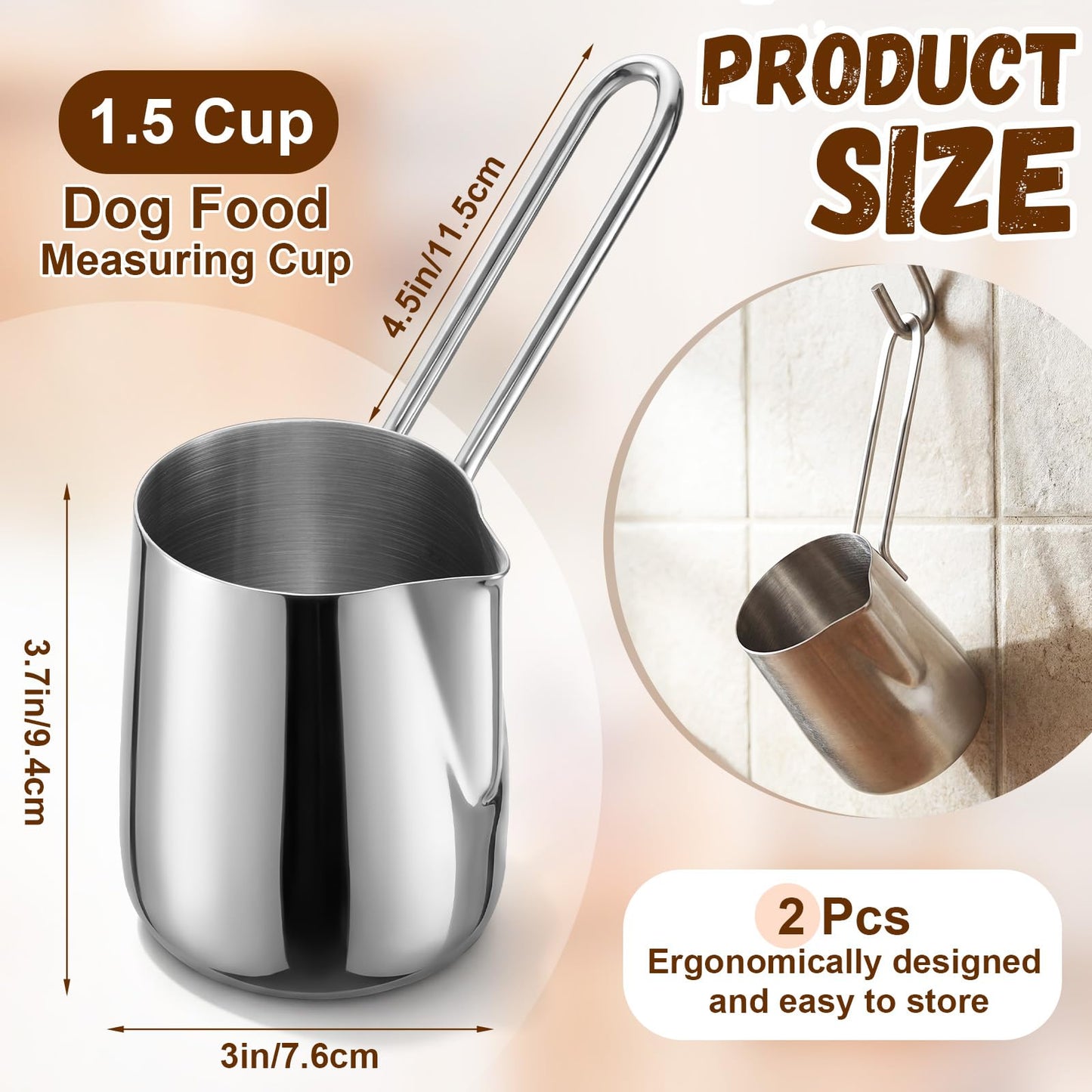 Zonon 2 Pieces 1.5 Cup Dog Food Metal Scoop 12 oz / 1.5 Cup Stainless Steel Measuring Cups with Wire Design Handle Durable Dog Cat Food Metal Scoop for Kibble or Seed Easy-clean, Rust-resistant