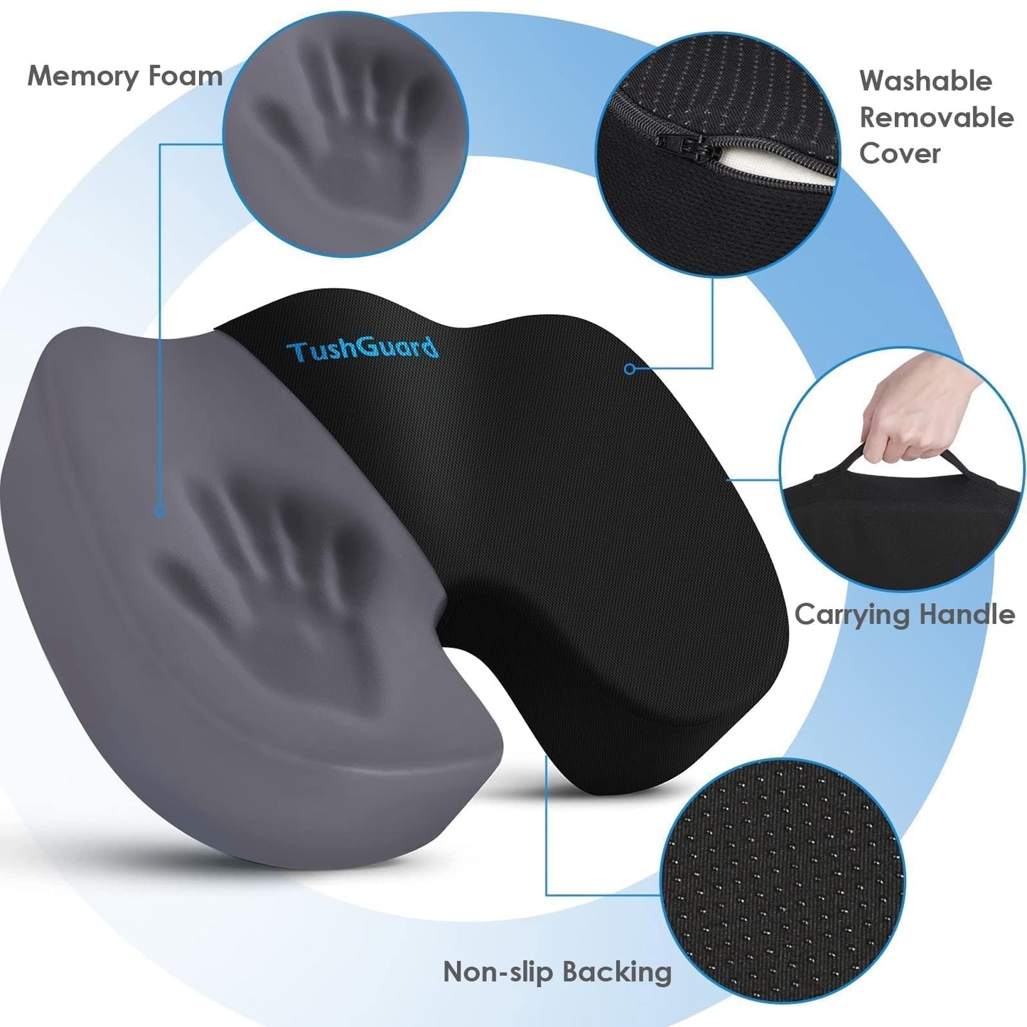 TushGuard Seat Cushion for Office Chair Memory Foam Non-Slip Desk Seat Cushion Back, Coccyx, Sciatica, Tailbone Pain Relief Butt Pillow for Office Chair, Car, Wheelchair, Black