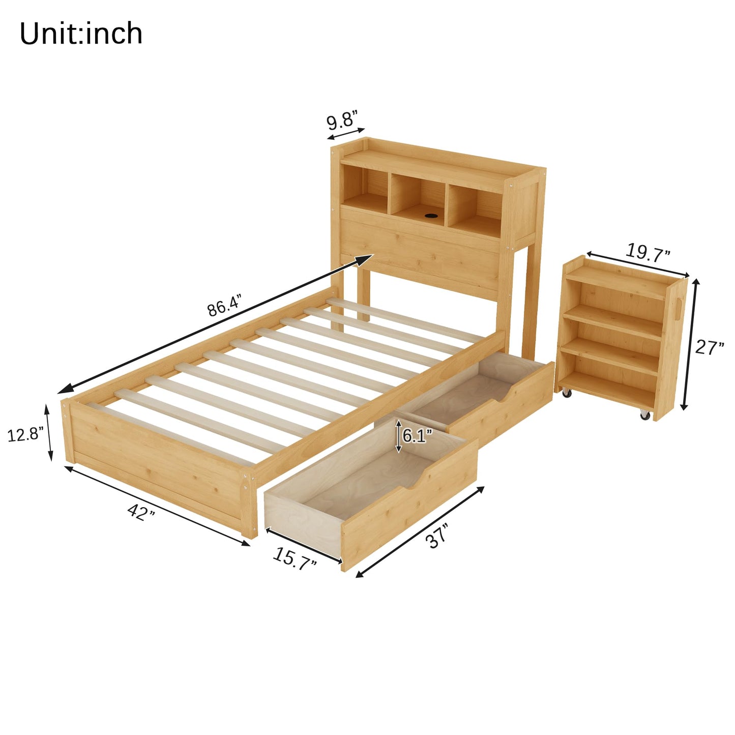 KEIKI Twin Size Wood Platform Bed Frame with Storage Headboard & Pull Out Storage Cabinet & 2 Drawers, Modern Bed with Solid Slats & Socket, No Box Spring Required, Easy Assembly, for Bedroom, Natural