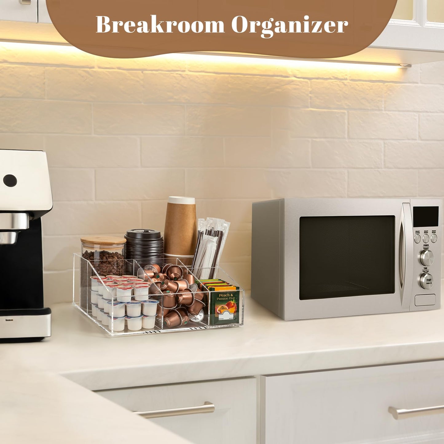 BEYGORM Acrylic Coffee Bar Station Organizer for Countertop,Office Breakroom Clear Snack Tea Storage Accessories Holder for Kcup Pod Condiment Cup Sugar Creamer Syrup, Coffee Gift for Coffee Lovers
