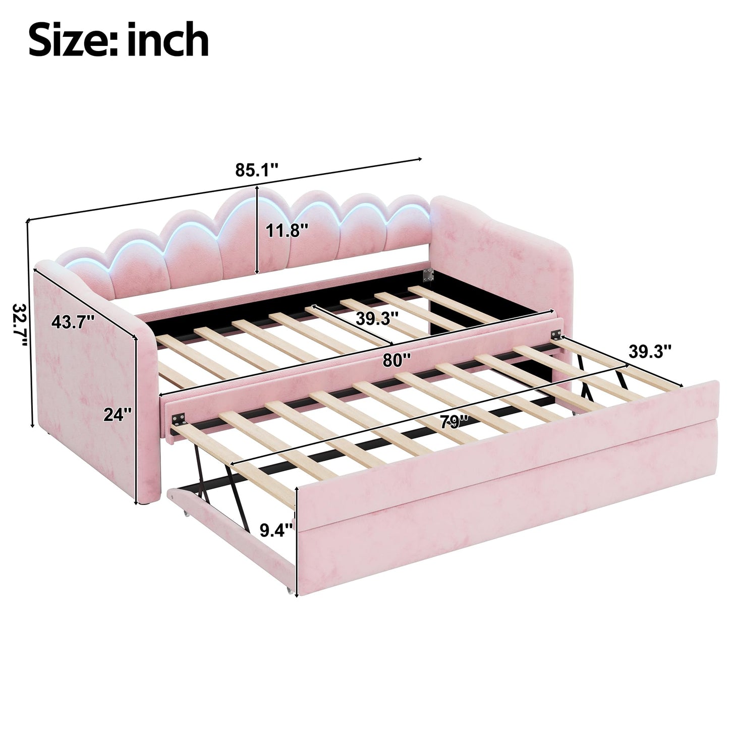 Merax Twin XL Size Upholstered Daybed with Trundle & Adjustable LED Lights, Velvet Trundle Bed, Trundle can be Flat or Erected, Sofa Day Bed for Bedroom Guest Room, No Box Spring Needed, Pink