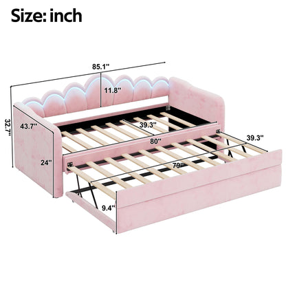 Merax Twin XL Size Upholstered Daybed with Trundle & Adjustable LED Lights, Velvet Trundle Bed, Trundle can be Flat or Erected, Sofa Day Bed for Bedroom Guest Room, No Box Spring Needed, Pink