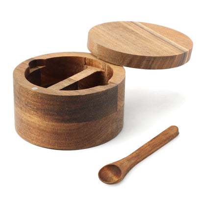 Velarionna Wood Salt and Pepper Bowl, AcaciaWood Salt Cellar with Built-in Spoon and Magnetic Swivel Lid, Container Holder to Storage Pepper Spice(SIZE:L)