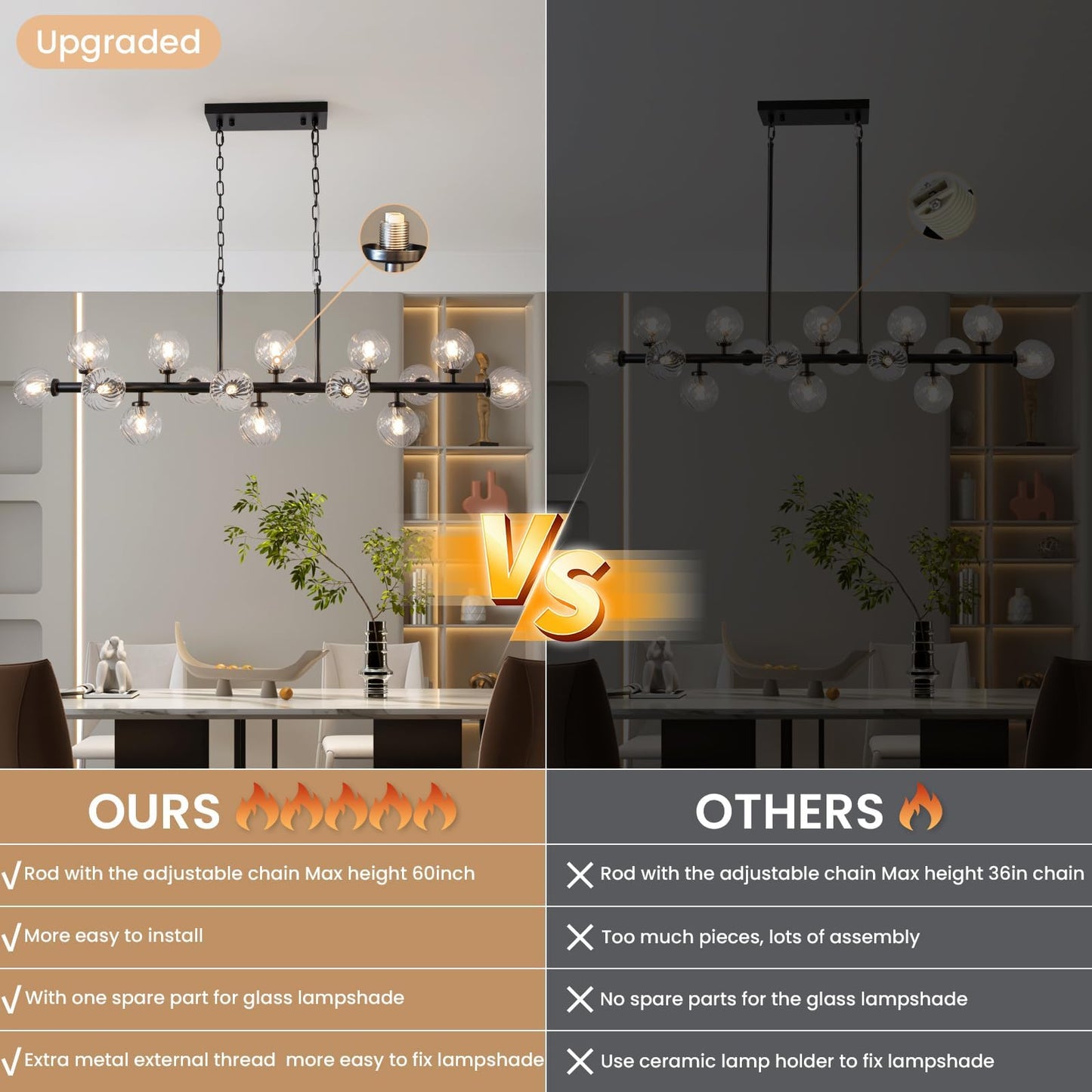 DFJL 50" Modern Linear Chandelier,Mid Century Black Finish and Transparent Pleats Glass Bubble Sputnik Pendant Light Fixtures, for Dining Room Kitchen Island Rectangle Over Table 16-Lights