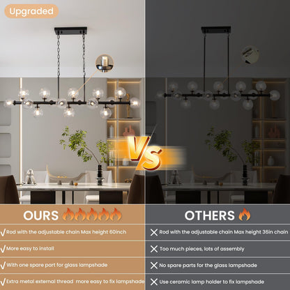 DFJL 50" Modern Linear Chandelier,Mid Century Black Finish and Transparent Pleats Glass Bubble Sputnik Pendant Light Fixtures, for Dining Room Kitchen Island Rectangle Over Table 16-Lights