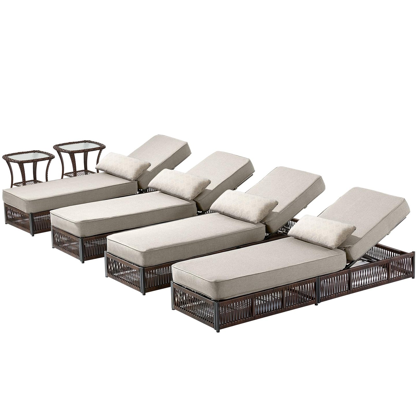ACTREST Luxury Outdoor Chaise Lounge Chairs of 4 with 5 Inch Thick Cushions and Side Table - 6 PCS High Back Brown Wicker Rattan Patio Recliners Lounger Furniture Set for Poolside Sunbathing - Beige