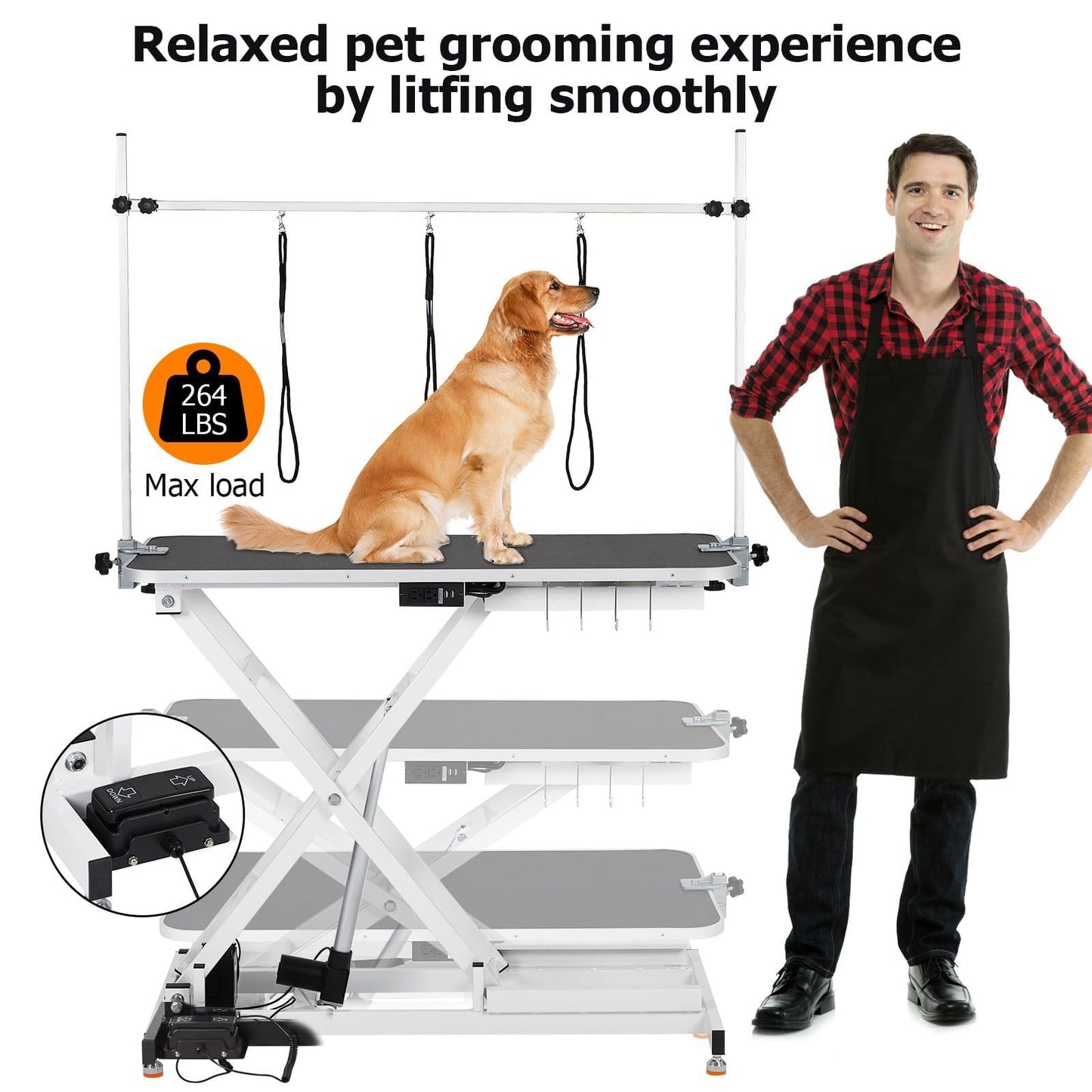 GAOMON 47" Electric Hydraulic Dog Grooming Table - Heavy Duty, 9.4"-39.7" Height Adjustable Grooming Table With 264 Lbs Load Capacity, Non-Slip Waterproof Surface for Pet/Dogs/Cats, White