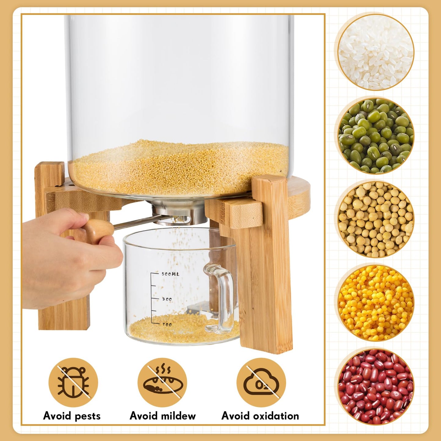 Tioncy 8L Flour and Cereal Glass Container Rice Oatmeal Dispenser Storage Container Cereal Food Storge Container with Airtight Lid Wooden Stand and Measuring Cup for Kitchen Organization Pantry Store