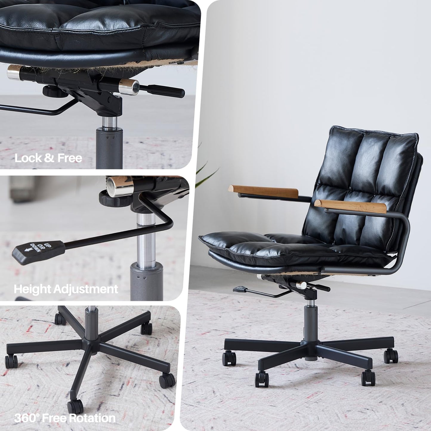 PELLEBAR Home Office Desk Chair, Ergonomic Mid-Century Modern Genuine Leather Chair with Oak Armrest, Executive Rolling Swivel Adjustable Task Armchair for Adults, Black