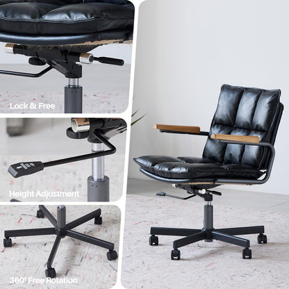 PELLEBAR Home Office Desk Chair, Ergonomic Mid-Century Modern Genuine Leather Chair with Oak Armrest, Executive Rolling Swivel Adjustable Task Armchair for Adults, Black