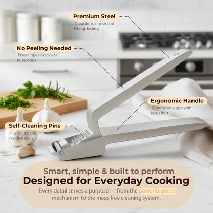 No Peeling Required, 100% Stainless Steel Garlic Press – Odor-free Cleaning, Rust Proof, Detachable Handle, Fine Mincer, 5 years Guarantee, Dishwasher safe garlic crusher tool, Moledor de ajo