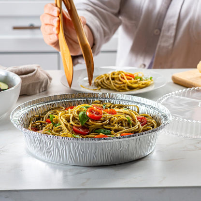 GUSTO [50 Count] 9 Inch Disposable Round Aluminum Foil Pans with Clear Plastic Dome Lids for Baking & Cooking
