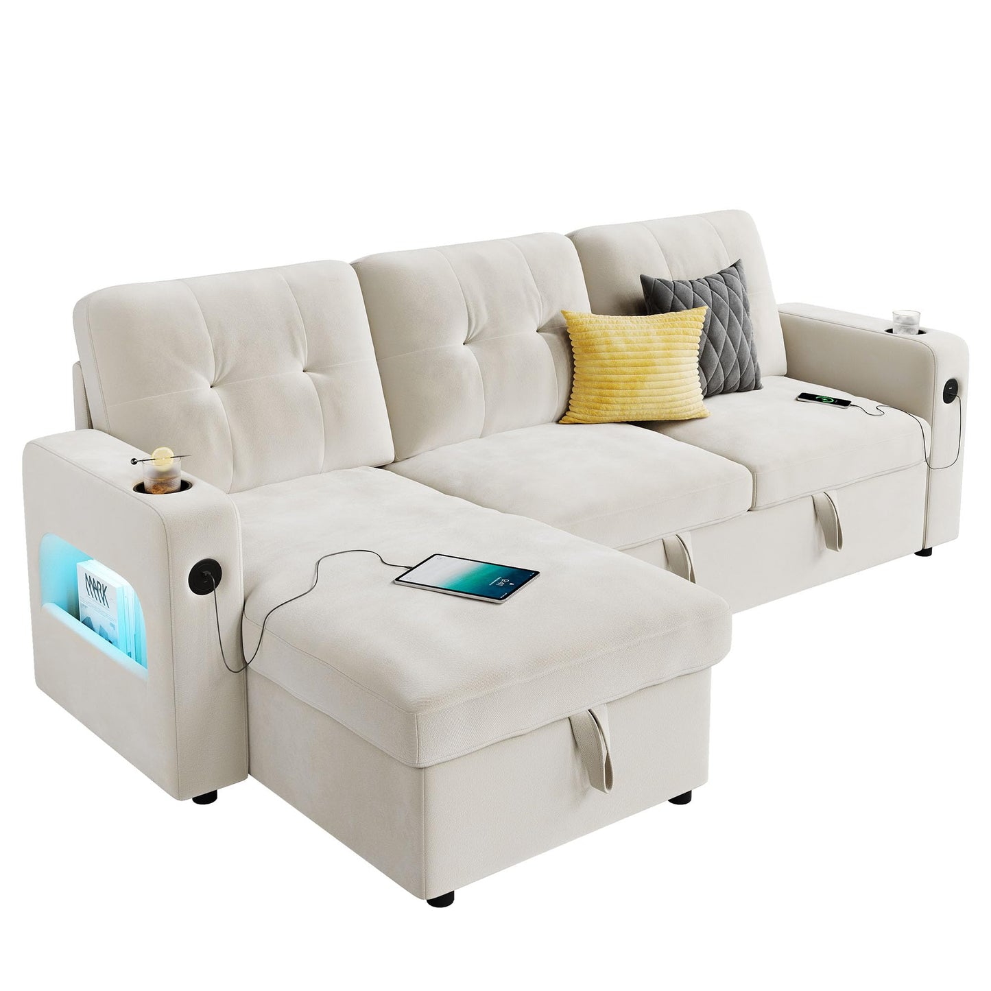 GarveeHome 84 Inch Sleeper Sofa Couch, L-Shaped Couches, Convertible Pull Out Sofa Bed with Storage, Charging Station, Led Lights, Modern Sectional Sofas for Living Room, Apartment, Velvet, Beige