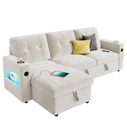 GarveeHome 84 Inch Sleeper Sofa Couch, L-Shaped Couches, Convertible Pull Out Sofa Bed with Storage, Charging Station, Led Lights, Modern Sectional Sofas for Living Room, Apartment, Velvet, Beige