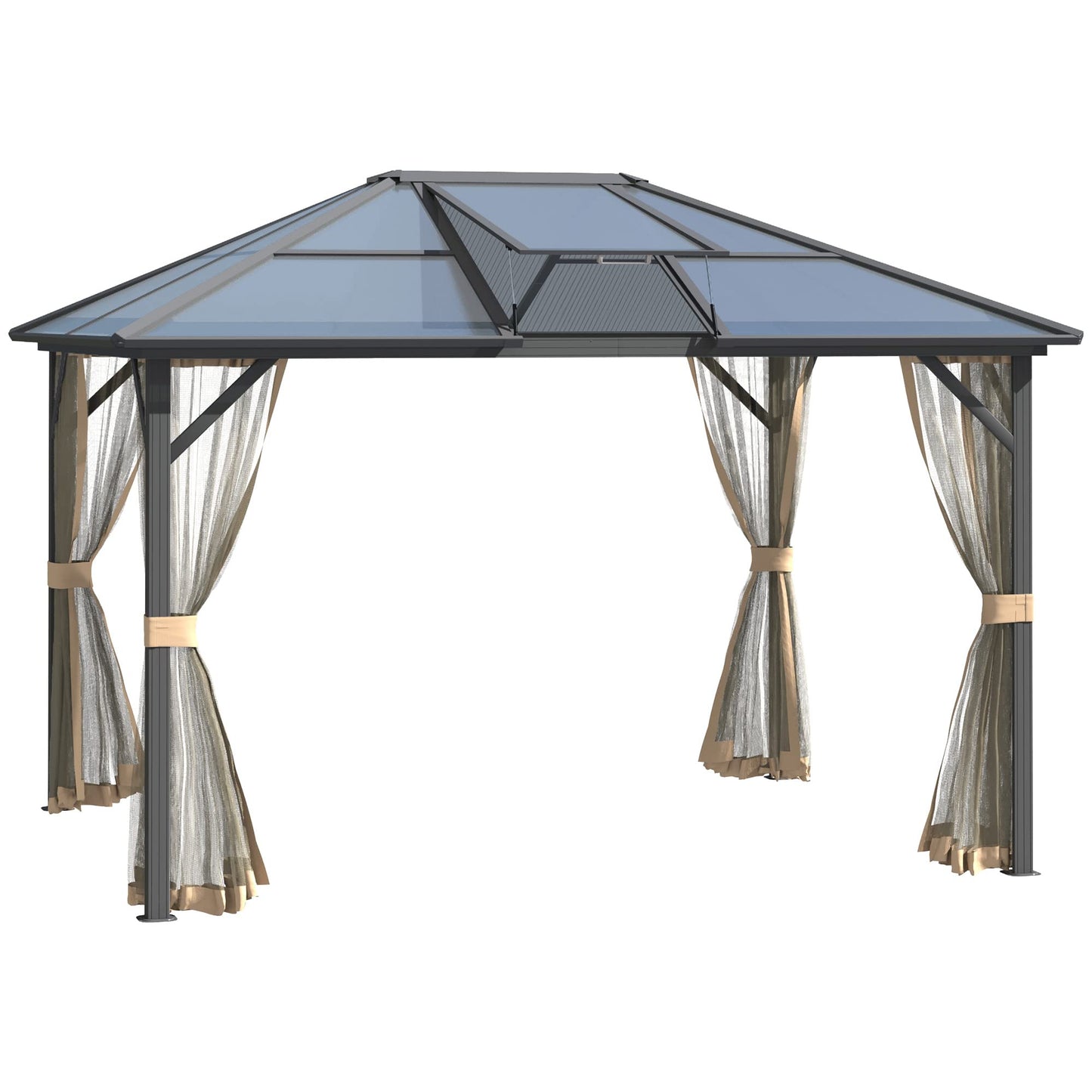 GOWE 10' x 12' Hardtop Gazebo Canopy with Polycarbonate Roof, Top Vent and Aluminum Frame, Permanent Pavilion Outdoor Gazebo with Netting, for Patio, Garden, Backyard, Deck, Lawn