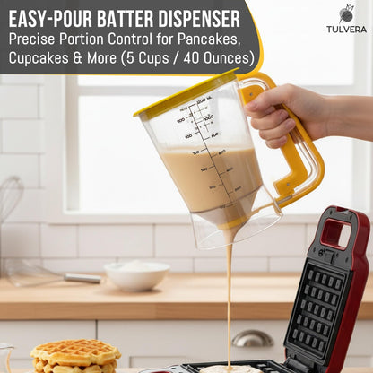 Pancake Batter Dispenser | 5-Cup Mix Pourer for Pancakes, Waffles, Crepes, Muffins, Cupcakes | Squeeze Handle, Portion Control Pitcher, Durable Drip-Free Design | Baking Accessories (Classic Yellow)