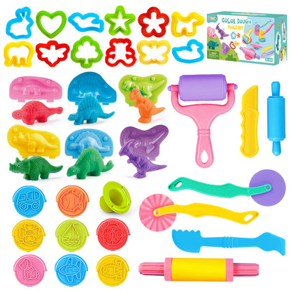 Dough Tools Set, 34 Pcs Dough and Clay Accessories with Stamp, Cutters, Dino Maker, Animals Molds, Rolling Pins, Modeling Clay Play Tools Kit for Boys Girls