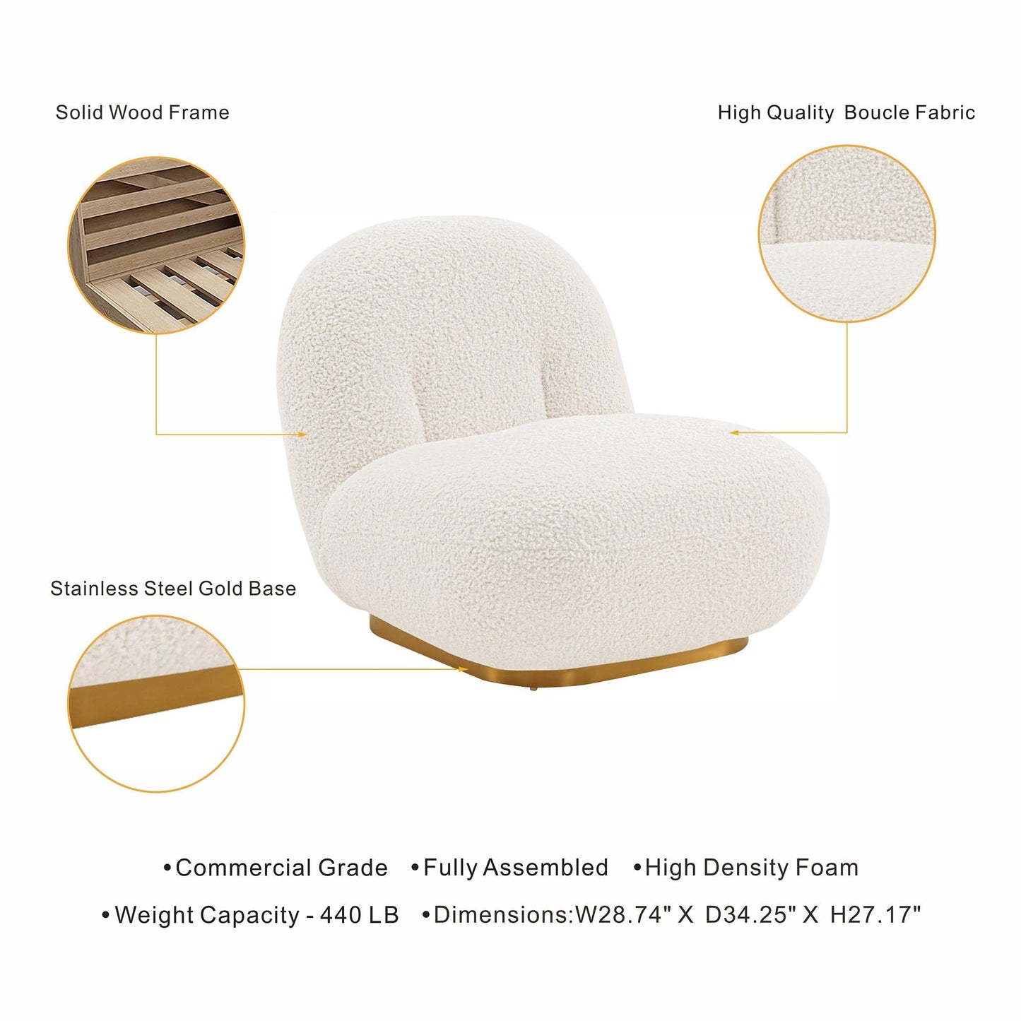 Manhattan Comfort Edina Modern Accent Chair in Luxurious Boucle Upholstery with High Density Foam Padding & Wood Frame with Gold Metal Base, Living Room Seating, White