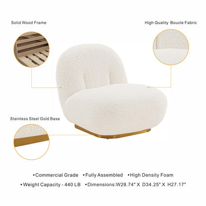 Manhattan Comfort Edina Modern Accent Chair in Luxurious Boucle Upholstery with High Density Foam Padding & Wood Frame with Gold Metal Base, Living Room Seating, White