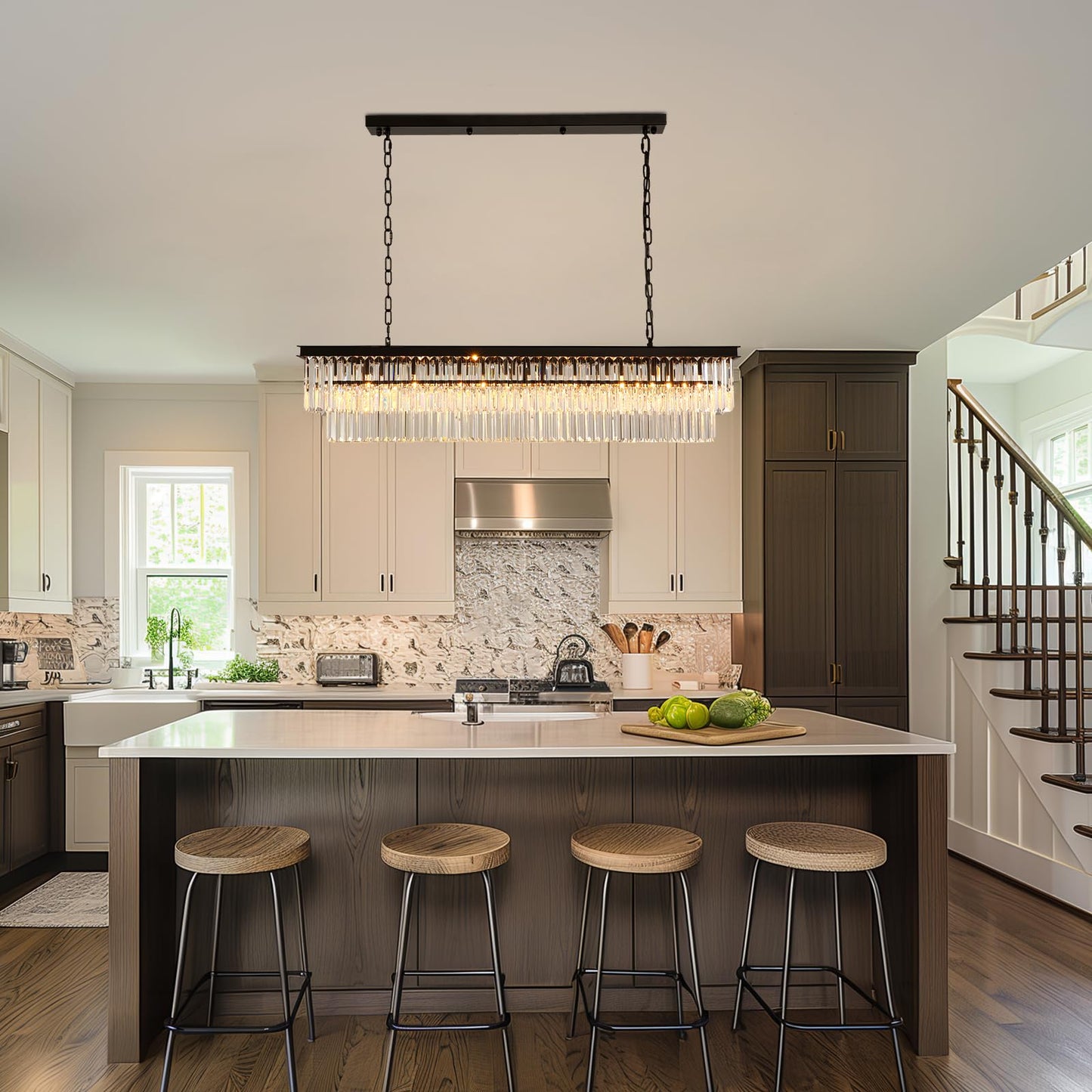 NOXARTE Rectangle Chandeliers for Dining Room, Modern Rectangular Crystal Chandelier Black 8 Lights Pendant Fixture for Kitchen Island Bar Living Room L47 Inch